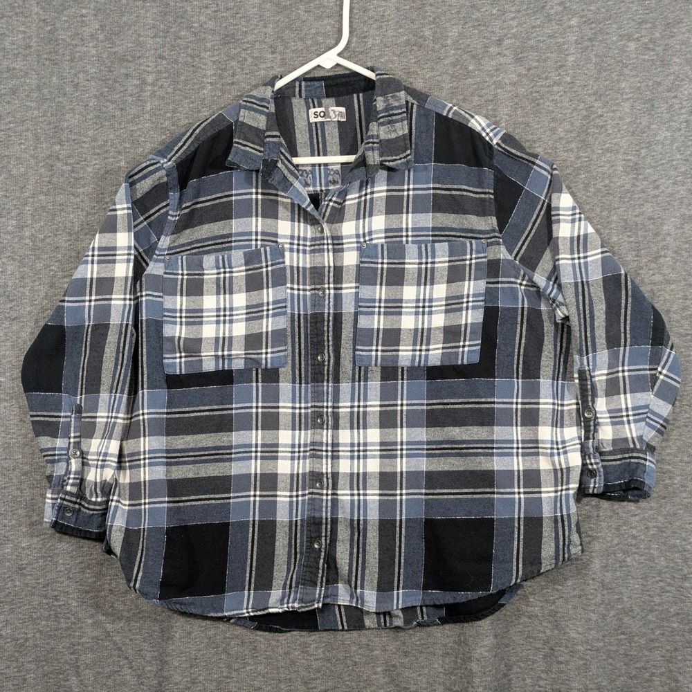 SO Womens Black Gray Blue Plaid Flannel Size XL Grunge Streetwear Y2K Style‎